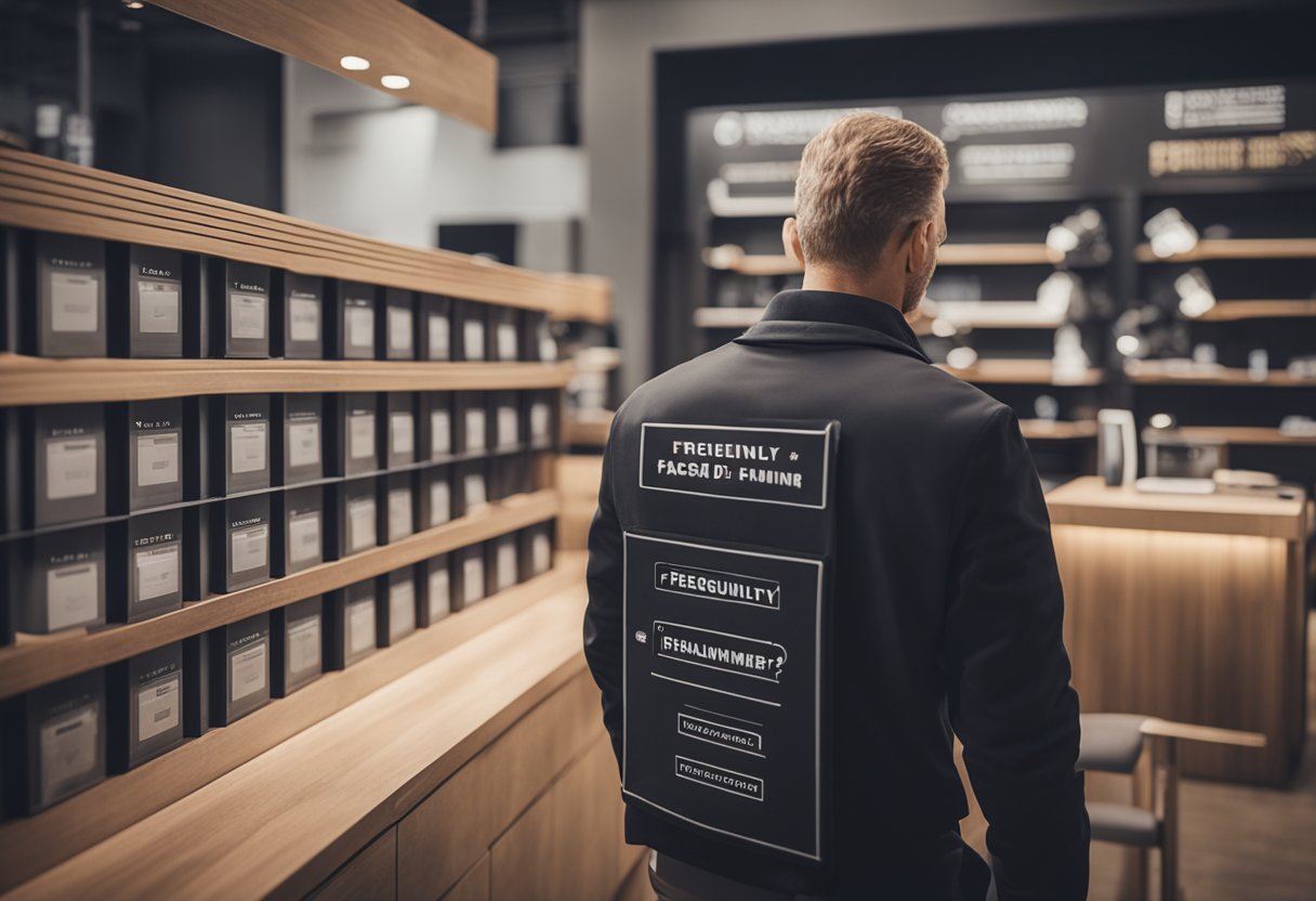 A customer browsing through a display of Greyhammer furniture with a "Frequently Asked Questions" sign in the foreground