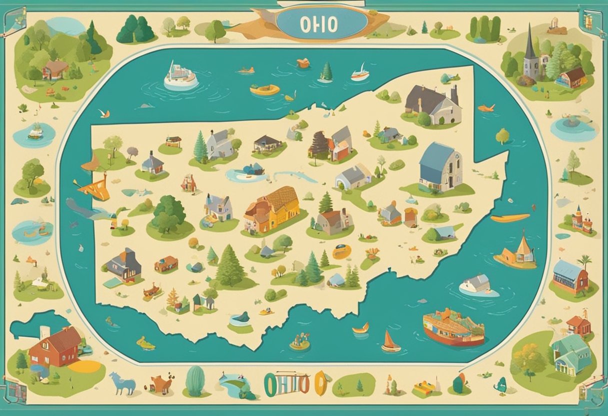 A colorful map of Ohio with various baby names scattered across the state, surrounded by playful and whimsical illustrations of babies and toys