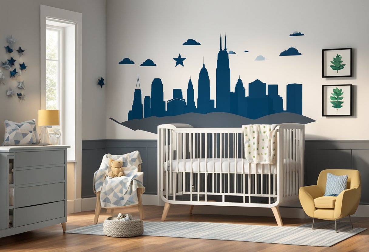 Ohio-themed baby items surround a crib: buckeye mobile, state flag blanket, and Cleveland skyline wall art