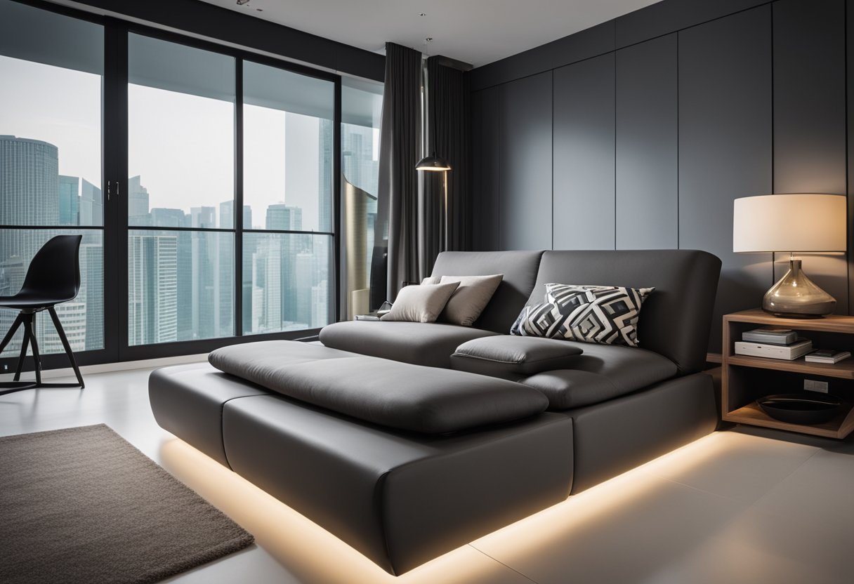 A modern, sleek hidden bed seamlessly transforms into a stylish sofa, showcasing the functionality and space-saving design of Singaporean furniture