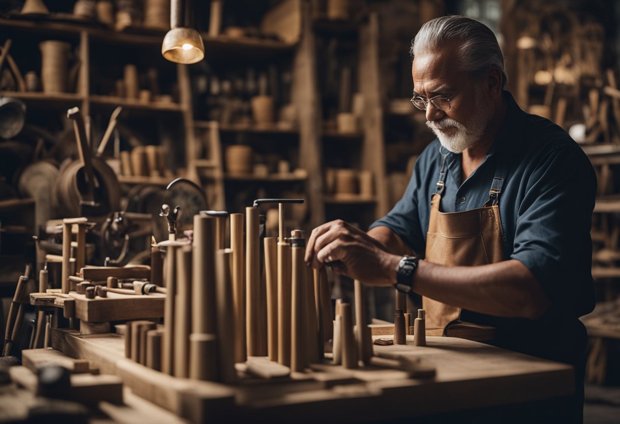 A skilled artisan meticulously handcrafts a unique cane furniture piece in a workshop, surrounded by tools and materials