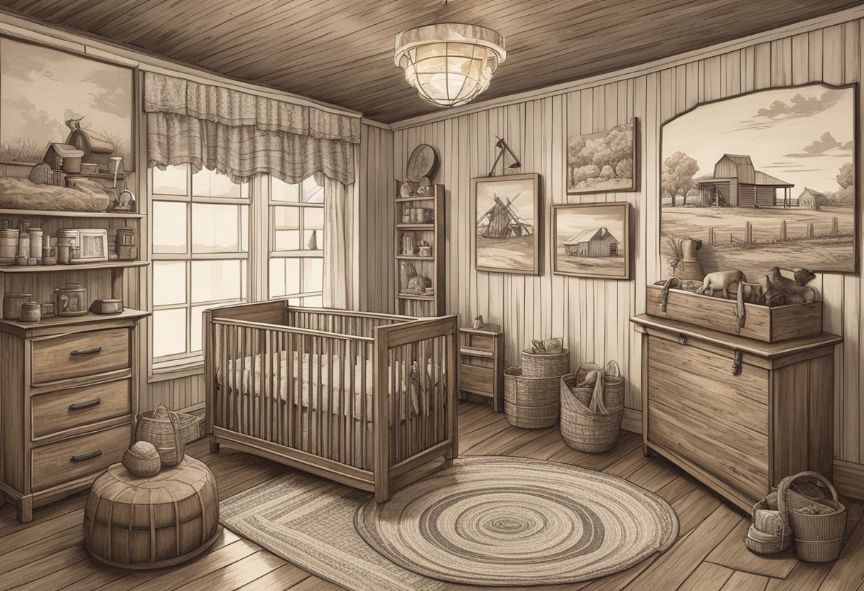 A rustic nursery with Oklahoma-themed decor, including cowboy boots, oil derricks, and Native American patterns