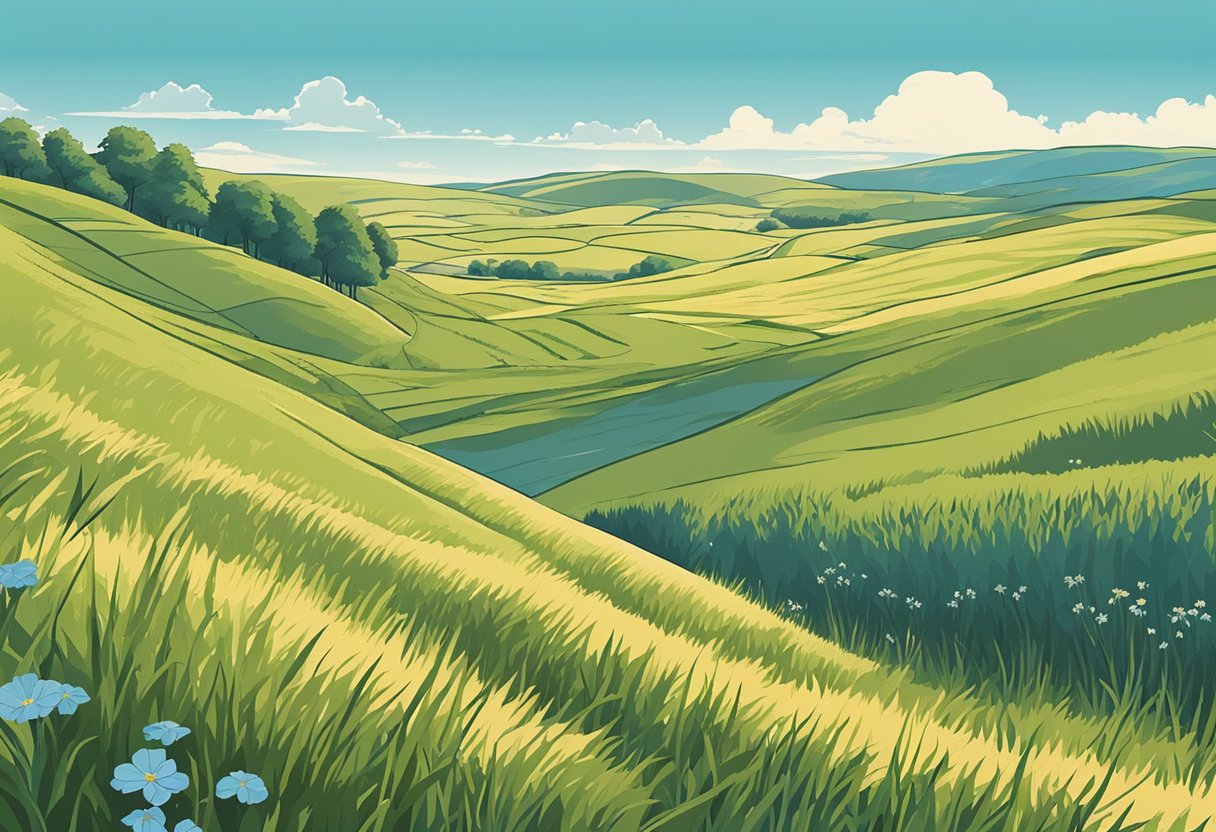 A peaceful prairie with rolling hills, wildflowers, and a clear blue sky, with a gentle breeze blowing through the tall grass