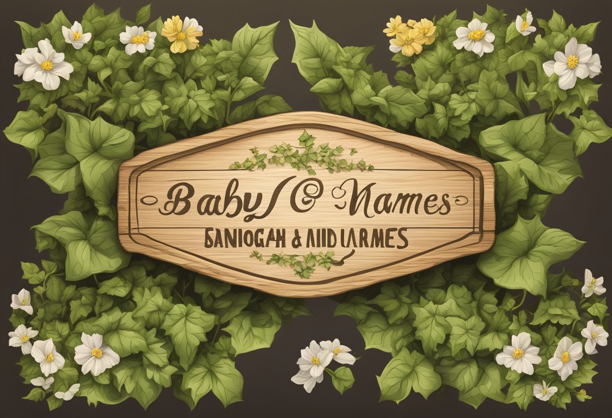 A rustic wooden sign with "baby names" in Old English script, surrounded by ivy and wildflowers