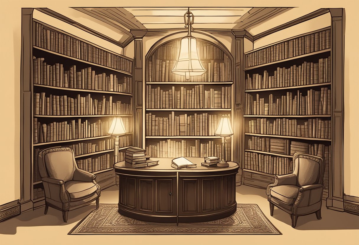 A cozy library with shelves of old English baby name books. A warm glow from a vintage lamp illuminates the titles