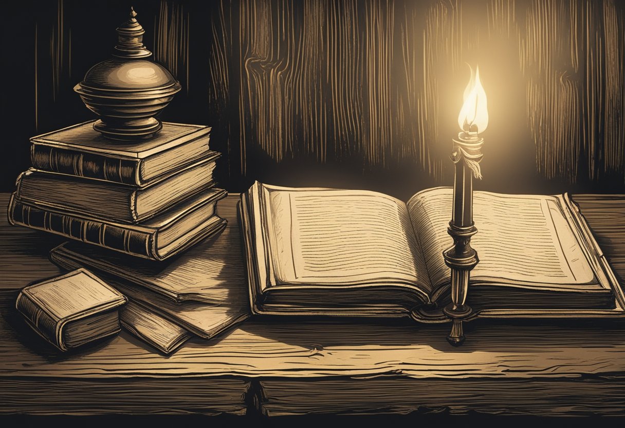 A stack of ancient books lies on a weathered wooden table, surrounded by flickering candlelight and a quill pen resting on parchment