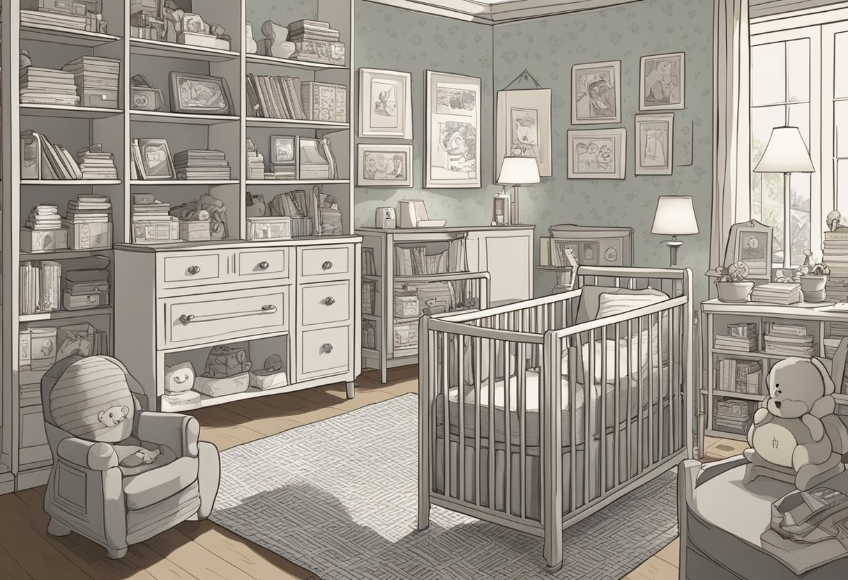 A cluttered nursery with a shelf of baby name books. A TV plays a dramatic soap opera. A crib with a nametag "Isabella" sits in the corner