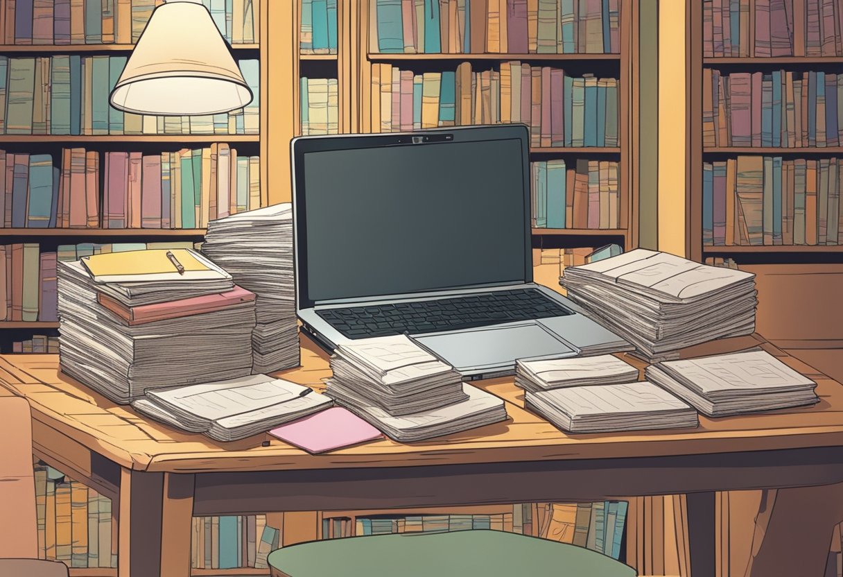 A table covered in baby name books, surrounded by colorful pens and notepads. A laptop open to a website with soap opera titles. A stack of index cards labeled "potential names."