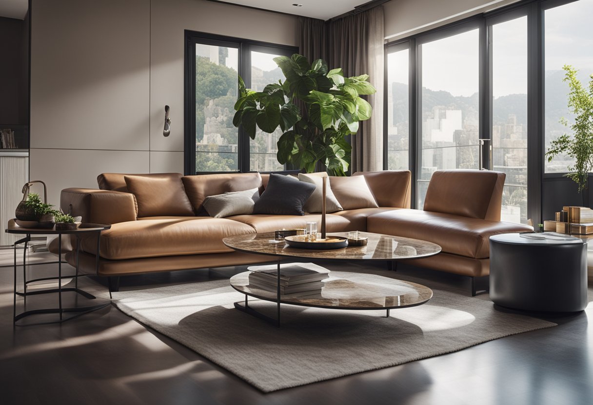 A modern living room with sleek Italian furniture, a leather sofa, and a marble coffee table, bathed in natural light from a large window