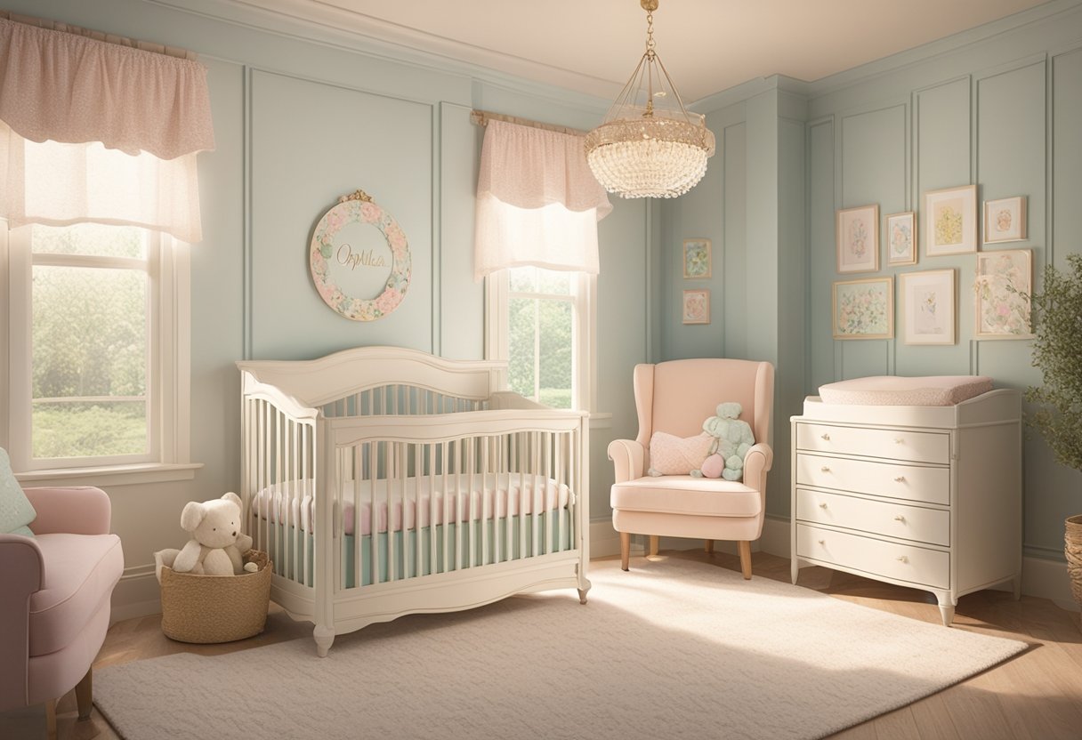 A vintage-inspired nursery with a delicate name plaque reading "Ophelia" above a cozy crib adorned with floral bedding and soft pastel colors