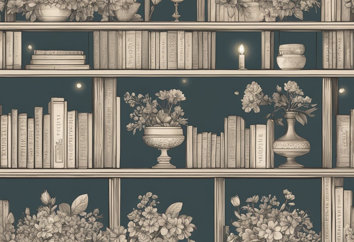 A collection of elegant baby names like Ophelia displayed on a vintage bookshelf, surrounded by delicate flowers and soft lighting
