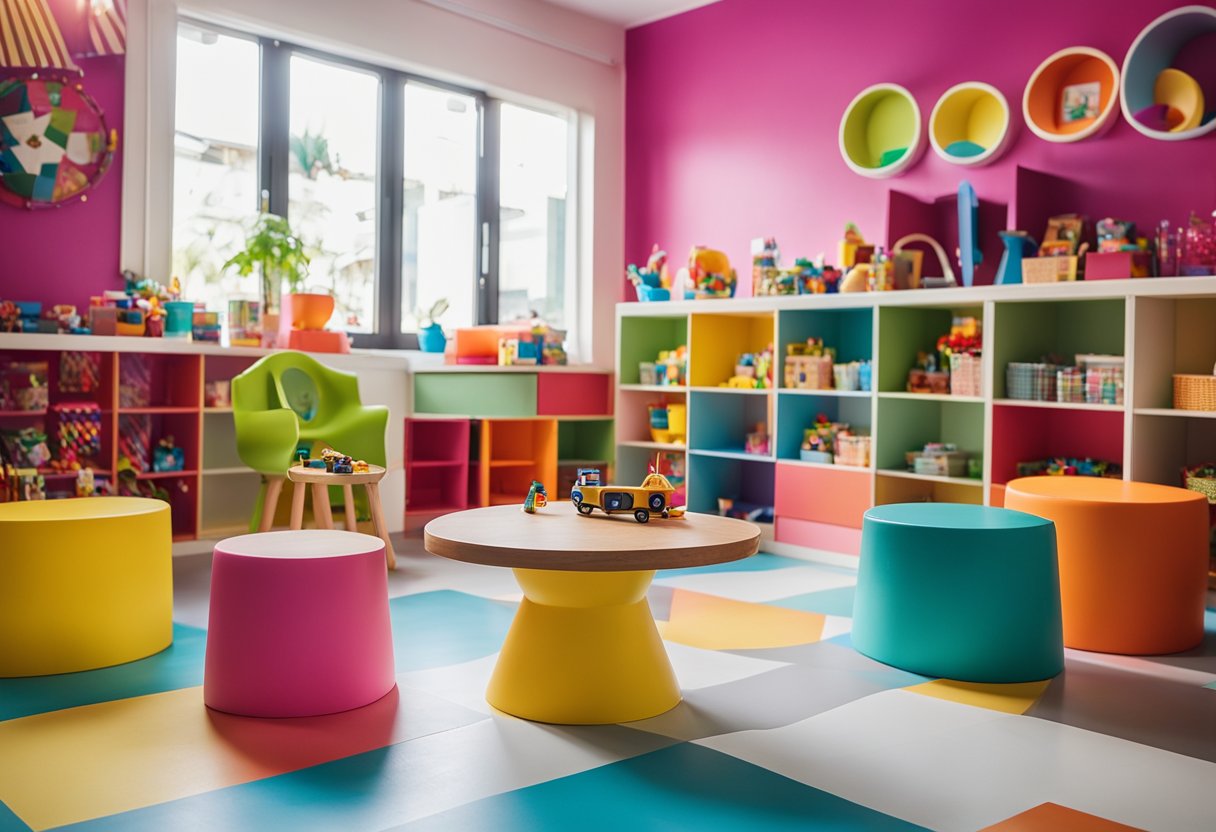 A colorful playroom with small chairs, tables, and shelves. Brightly painted walls and playful decor create a fun and inviting atmosphere for children