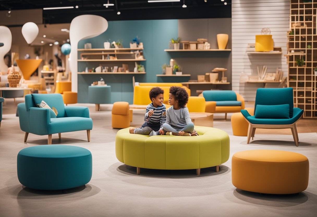 Children browsing colorful furniture displays in a spacious showroom with playful designs and interactive features