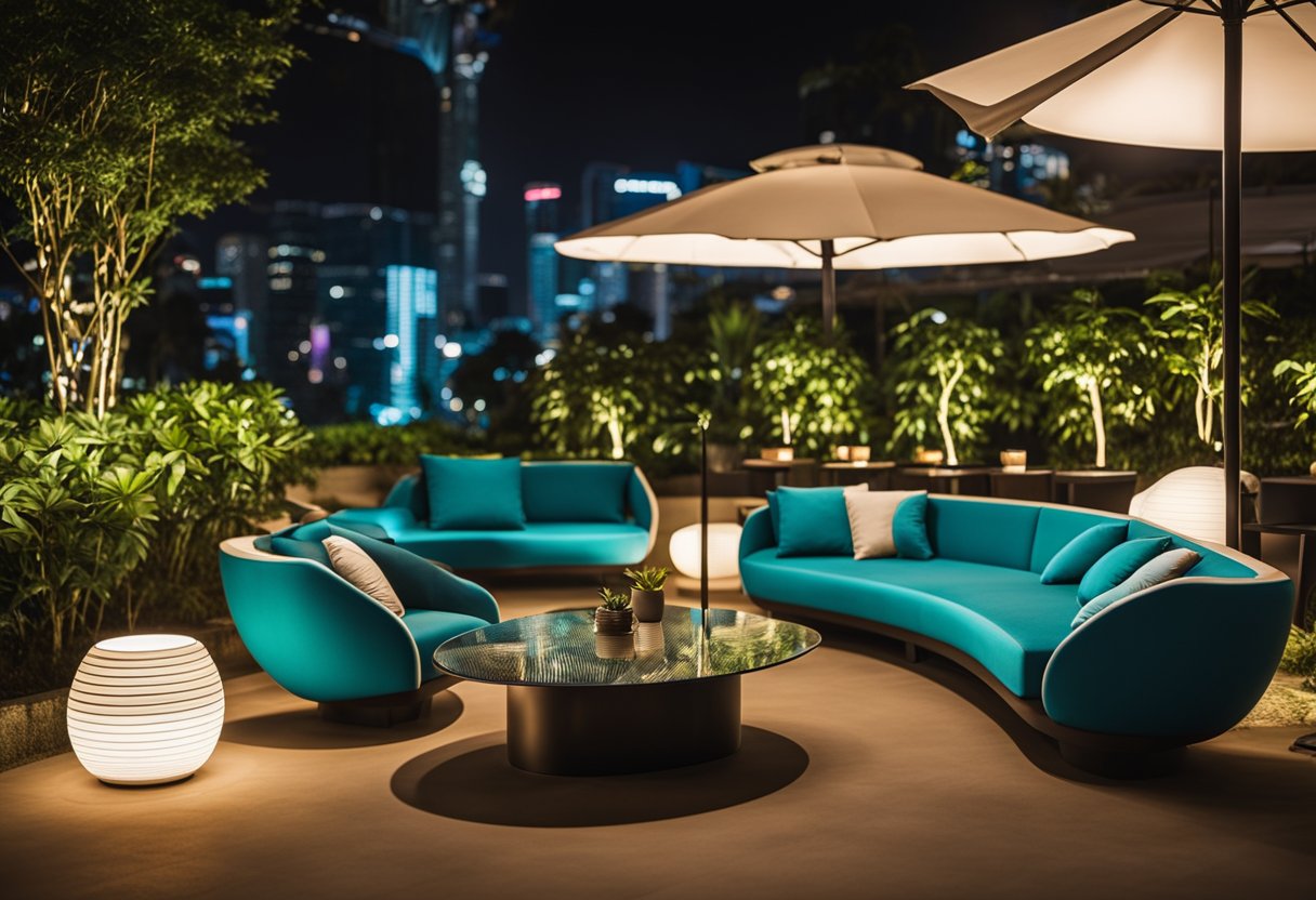 Glowing LED furniture illuminates a modern Singaporean outdoor lounge, casting a vibrant and futuristic ambiance