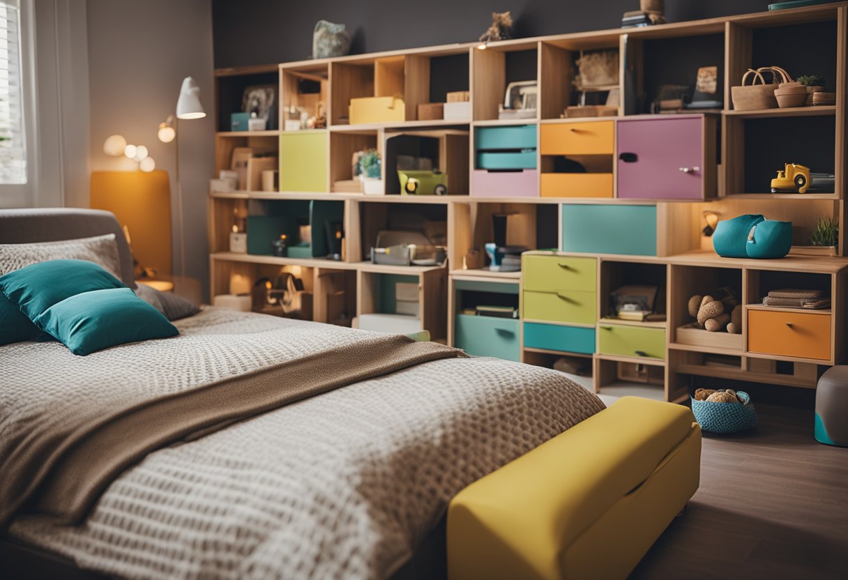 A parent carefully chooses colorful, durable furniture for their child's room, including a cozy bed, a sturdy desk, and a playful storage solution