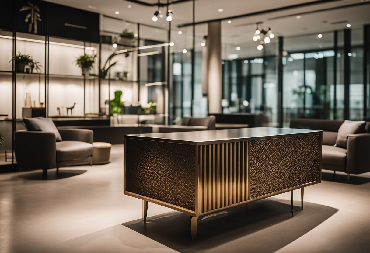 A person points to a sleek, modern furniture piece in a Singapore showroom, surrounded by various options