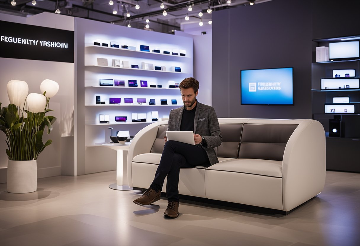 A customer browsing through a display of LED furniture in a modern showroom, with a sign reading "Frequently Asked Questions" prominently displayed
