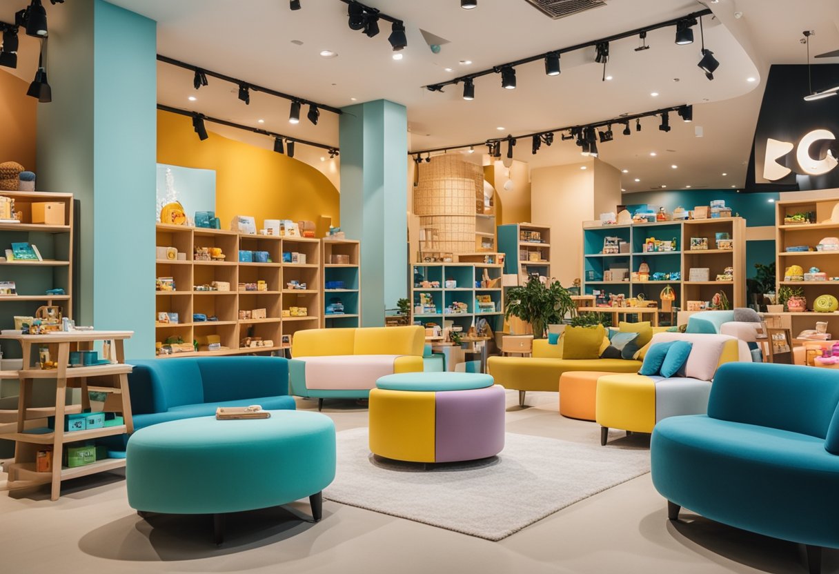 A colorful and playful kids furniture showroom in Singapore with various furniture pieces arranged neatly, accompanied by informative signage and child-friendly decor