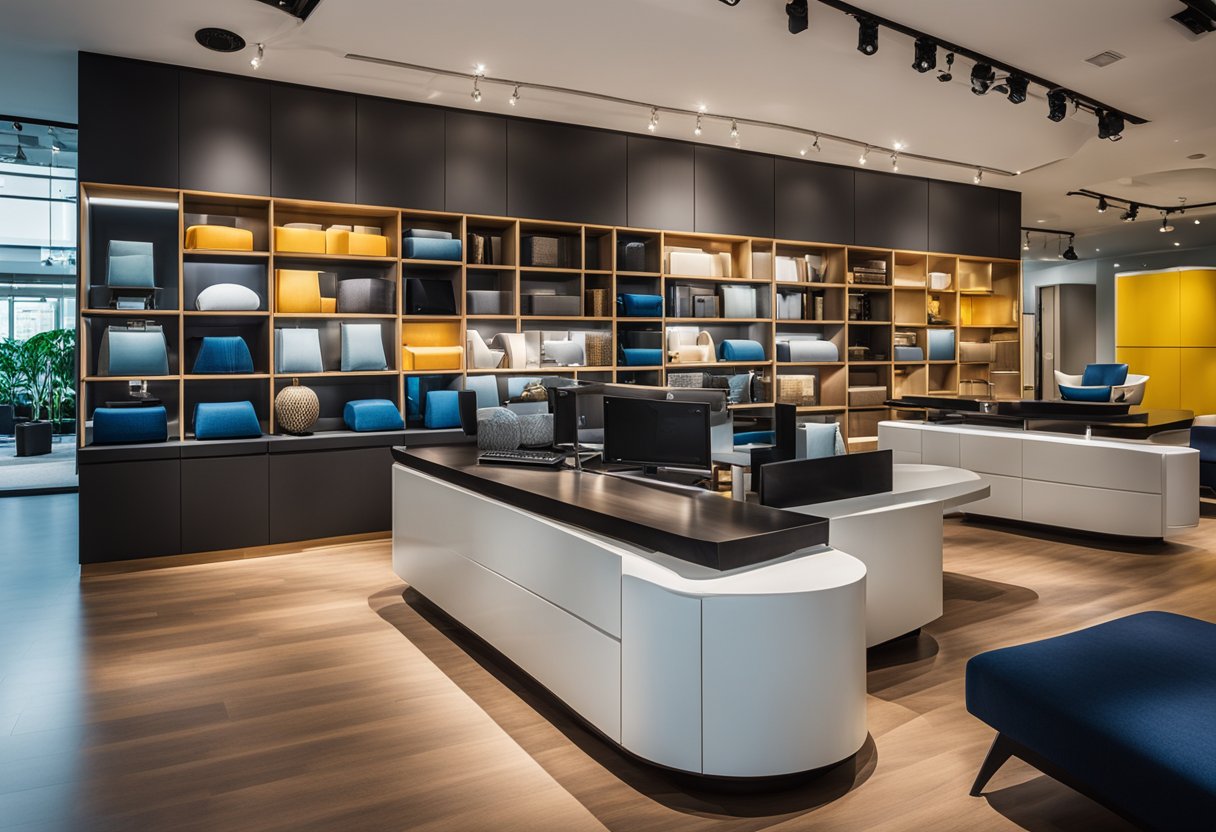 A modern furniture showroom with sleek designs, vibrant colors, and elegant displays at Logan Furniture Singapore