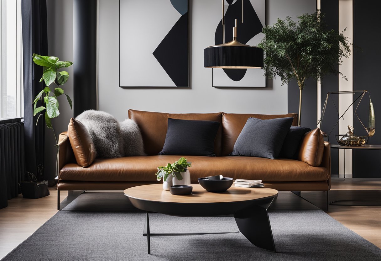 A sleek leather sofa and armchair sit in a modern living room, with a coffee table and a rug completing the stylish look