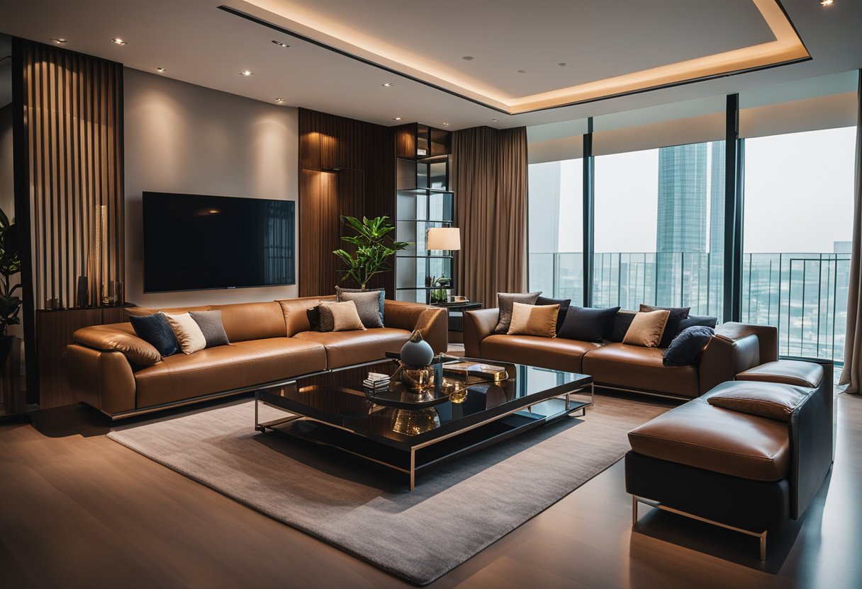 A cozy living room in Singapore with leather sofas, warm lighting, and elegant decor