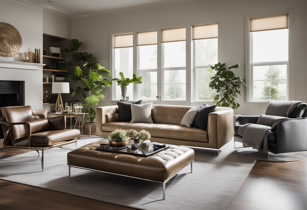 A modern living room with a sleek leather sofa, matching armchairs, and a stylish leather ottoman. The room is adorned with metallic accents and soft, neutral-colored textiles, creating a sophisticated and inviting atmosphere