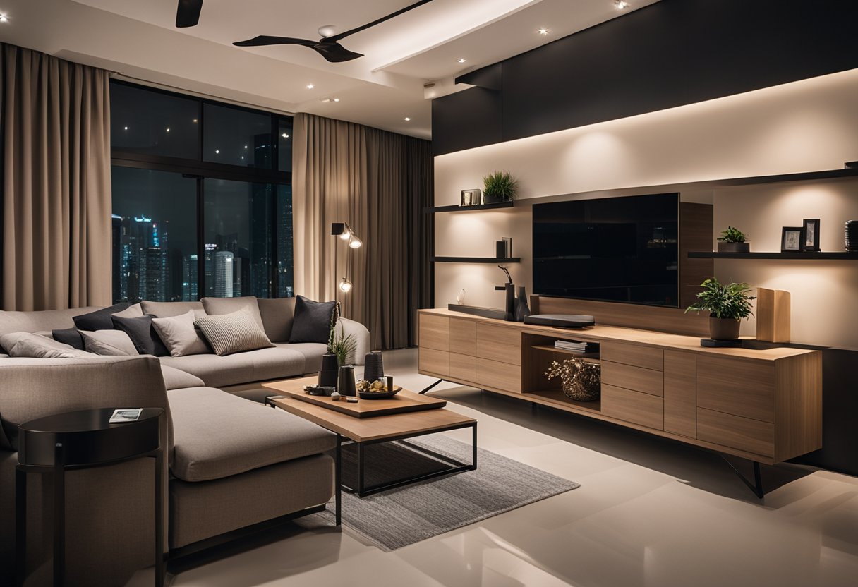 A modern living room with sleek, minimalist furniture, soft lighting, and a cozy atmosphere at Logan Furniture in Singapore