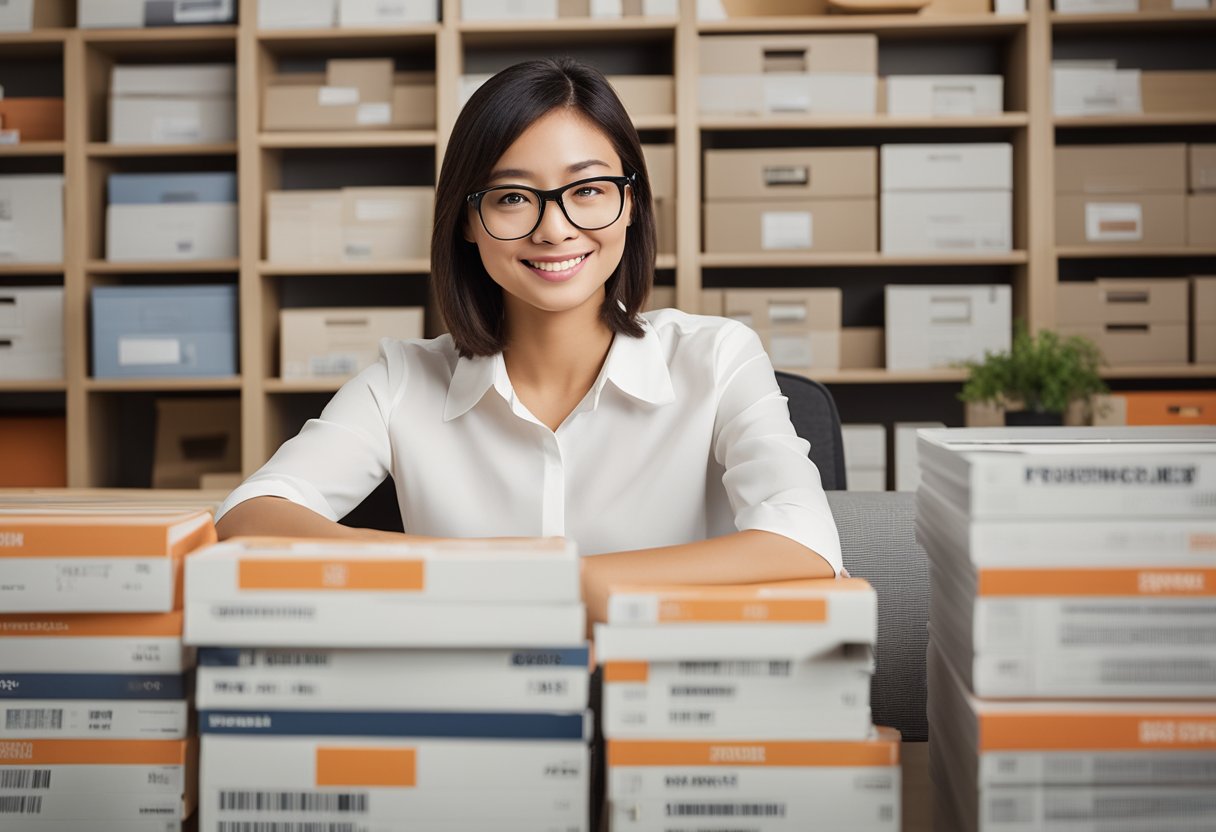 A customer service representative sits at a desk, surrounded by shelves of furniture catalogues. A sign above reads "Frequently Asked Questions - Logan Furniture Singapore."