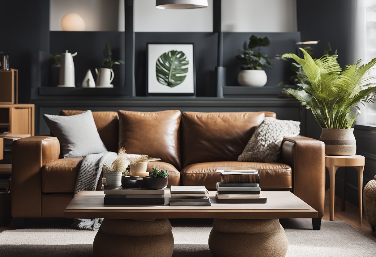 A cozy living room with a sleek leather sofa and armchair, a stylish coffee table, and a stack of magazines. The room is well-lit with natural sunlight streaming in through the window