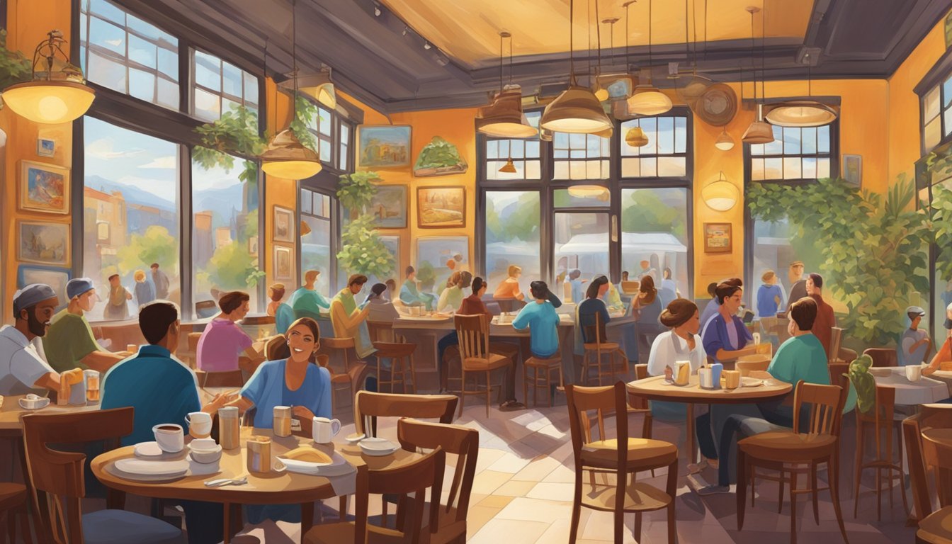 The bustling cafe buzzes with chatter and clinking dishes, as the aroma of freshly brewed coffee fills the air. Tables are adorned with steaming plates of food, while colorful artwork adorns the walls