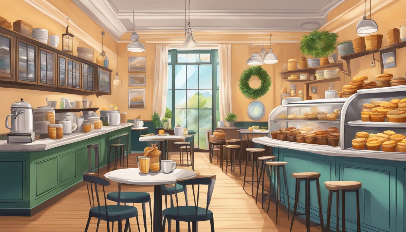 A cozy cafe with steaming mugs, delectable pastries, and vibrant decor