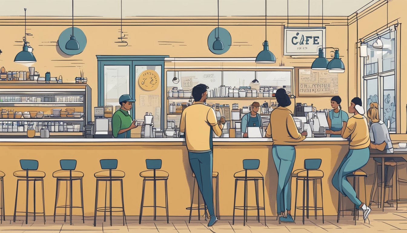 A bustling cafe with customers at tables, a counter with baristas, and a prominent "Frequently Asked Questions" sign on the wall