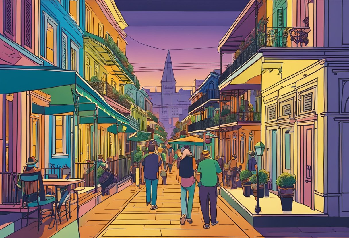 A vibrant street in New Orleans, with colorful buildings and lively jazz music filling the air. The scent of beignets and coffee wafting from nearby cafes