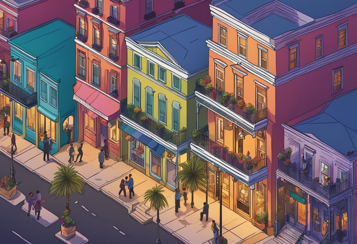 A vibrant street in New Orleans with colorful buildings and jazz music filling the air