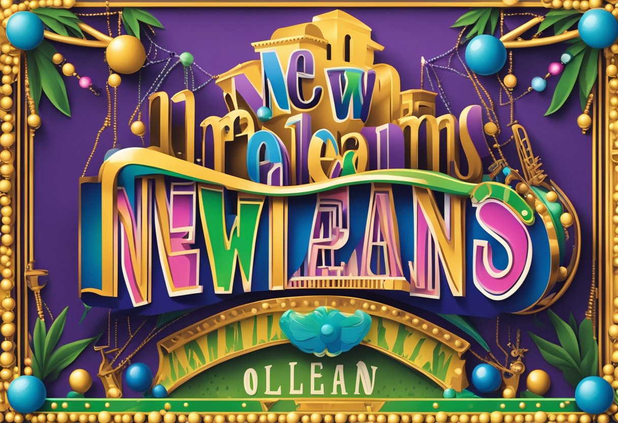 A colorful street sign with "New Orleans" and "Baby Names" in bold letters, surrounded by jazz instruments and Mardi Gras beads