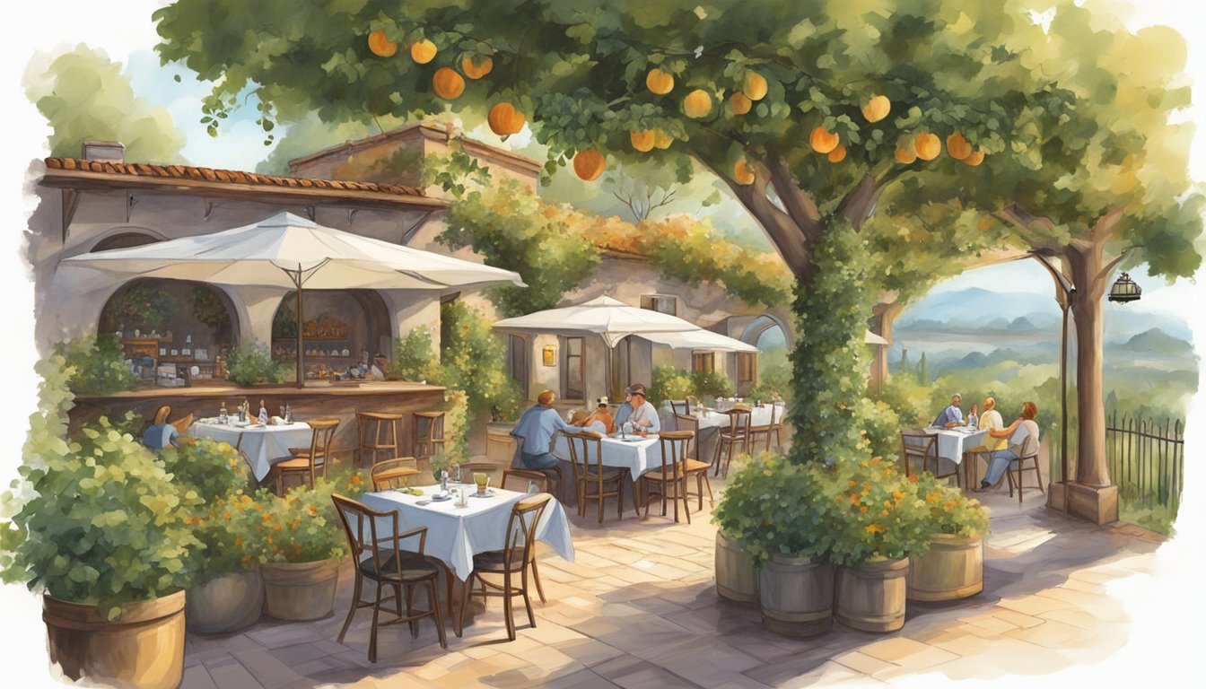 Lush orchard surrounds cozy Italian restaurant. Vines climb the rustic exterior, while diners enjoy al fresco dining under a canopy of fruit trees