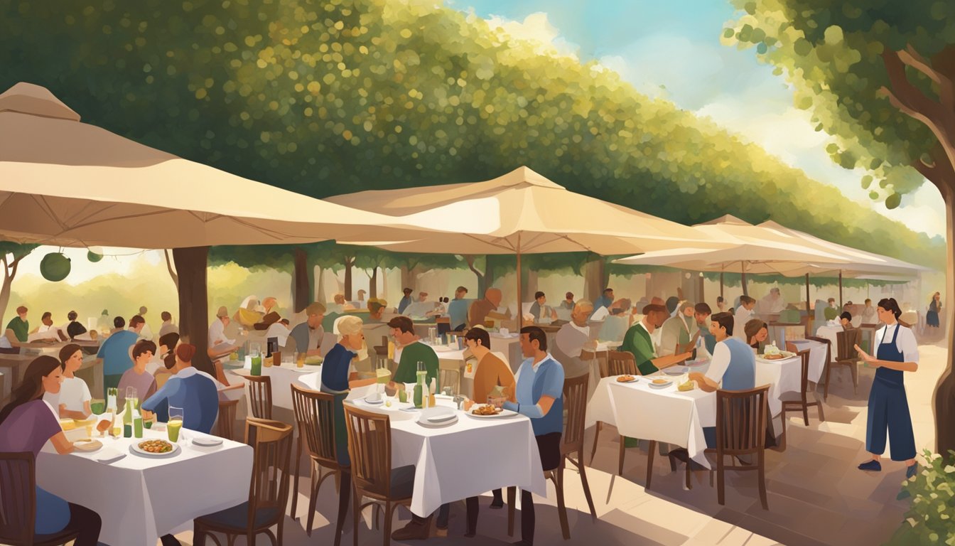 A bustling Italian restaurant in an orchard, with aromatic dishes being served and diners enjoying the lively atmosphere