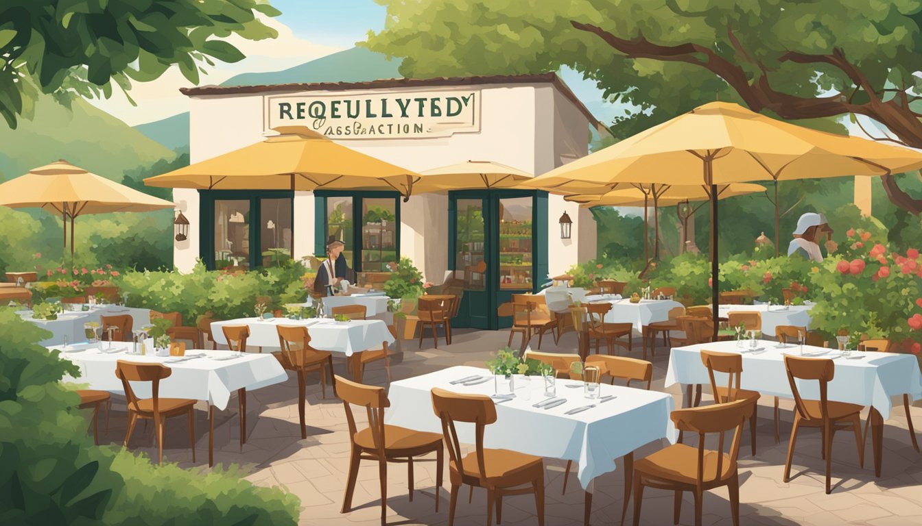An Italian restaurant nestled in an orchard, with a sign reading "Frequently Asked Questions" displayed prominently. Tables and chairs set up for outdoor dining, surrounded by lush greenery
