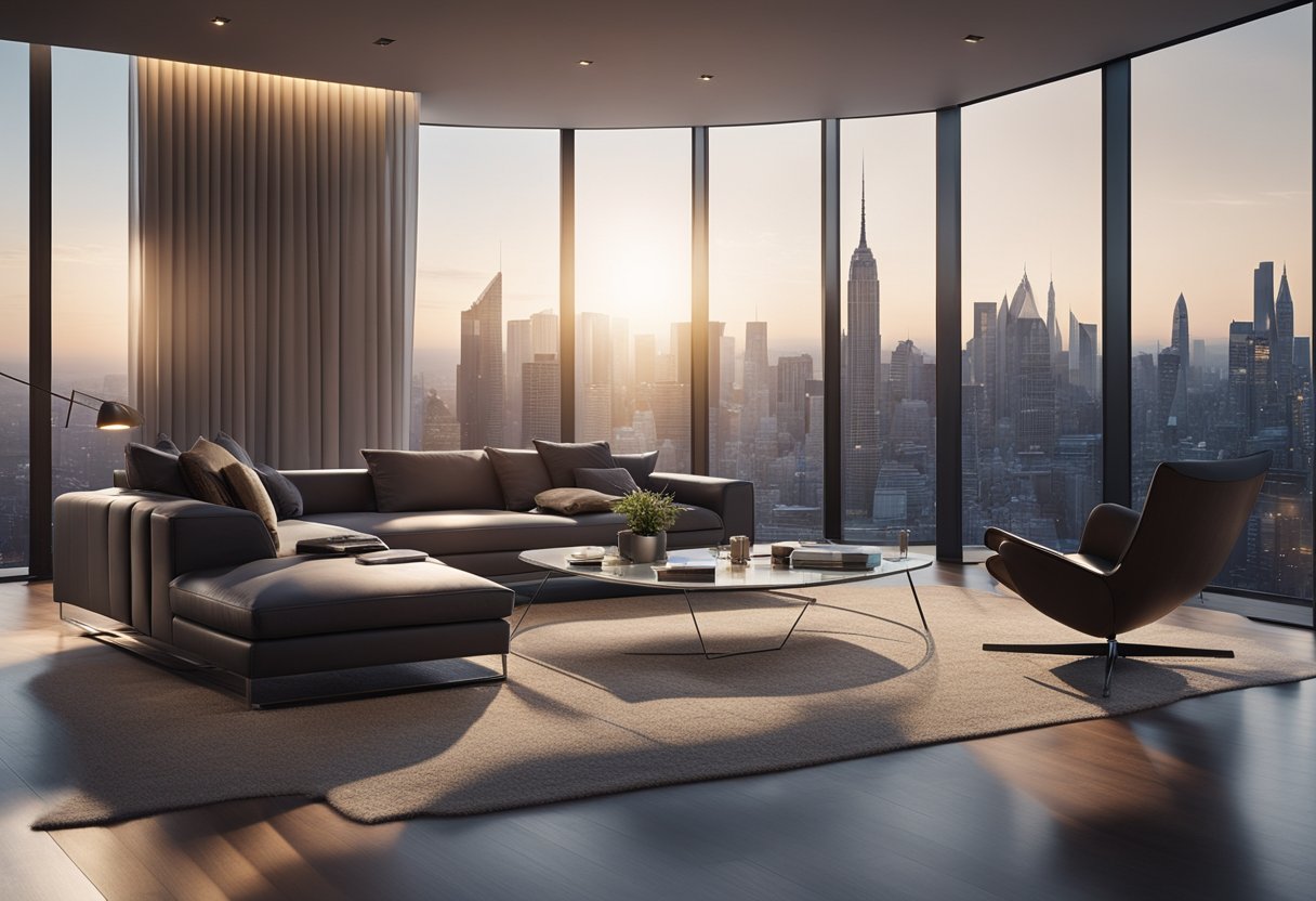 A modern living room with sleek, minimalist furniture, large windows with a view of the city skyline, and a futuristic lighting system