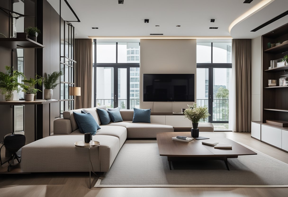 A modern living room with sleek, space-saving furniture in Singapore. Clean lines, neutral colors, and smart storage solutions