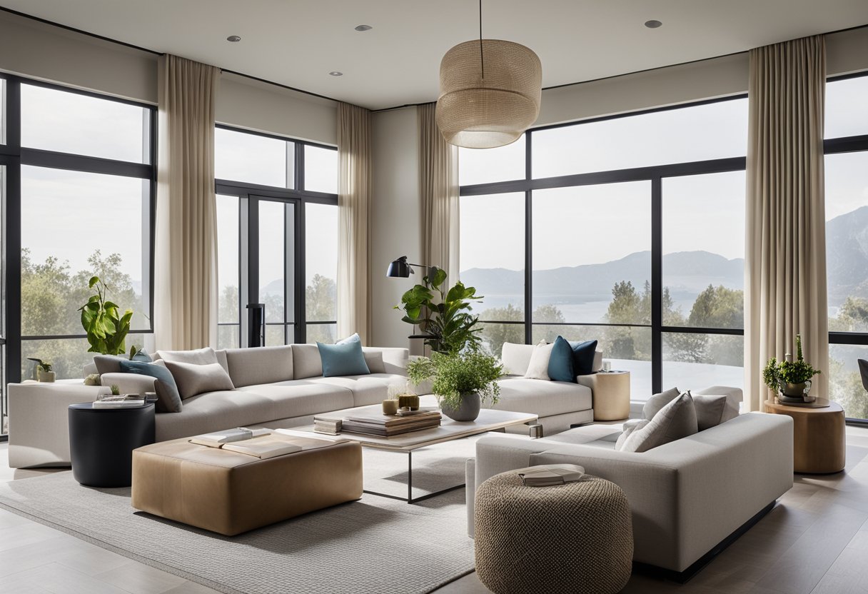 A modern living room with sleek, minimalist furniture and clean lines. A neutral color palette with pops of bold, vibrant accents. Large windows let in natural light, creating a bright and open space