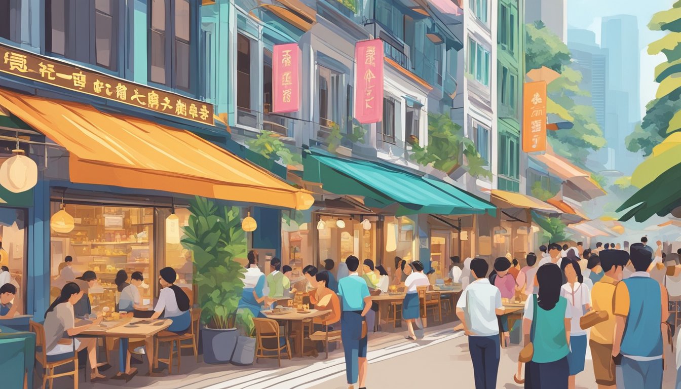 A bustling street in Singapore, with colorful storefronts and a vibrant sign reading "Luka Luka Restaurant." The aroma of sizzling food wafts through the air, and people can be seen entering and exiting the establishment
