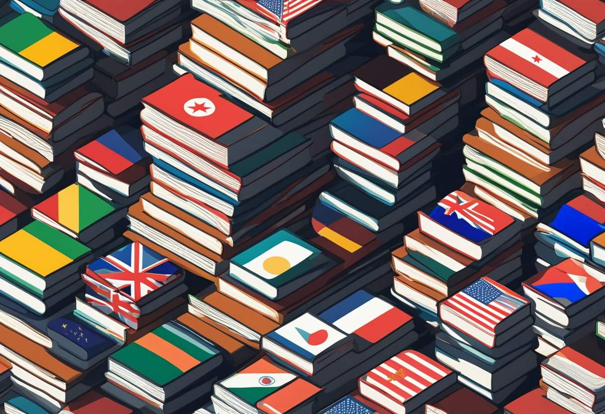 A stack of books with titles in different languages, surrounded by flags from various countries