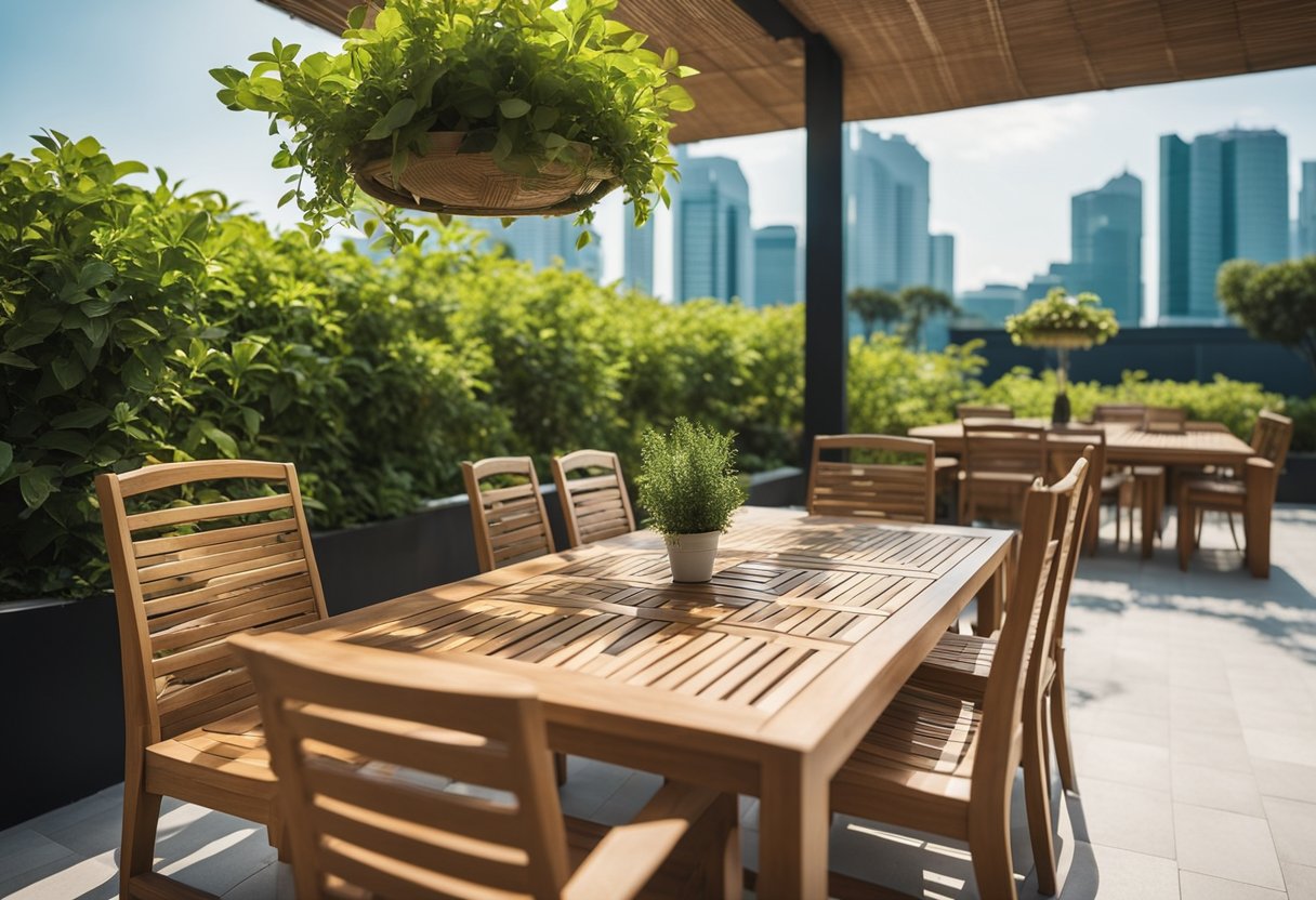 A sunny patio with teak outdoor furniture in Singapore. Green plants and a clear blue sky in the background