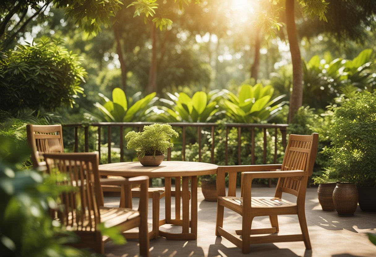 A serene garden setting with teak outdoor furniture, surrounded by lush greenery and bathed in warm sunlight