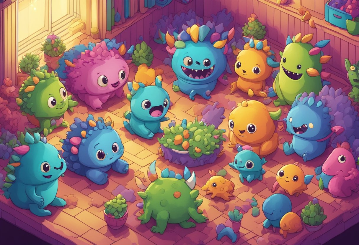A group of baby monsters playing together in a colorful, whimsical nursery