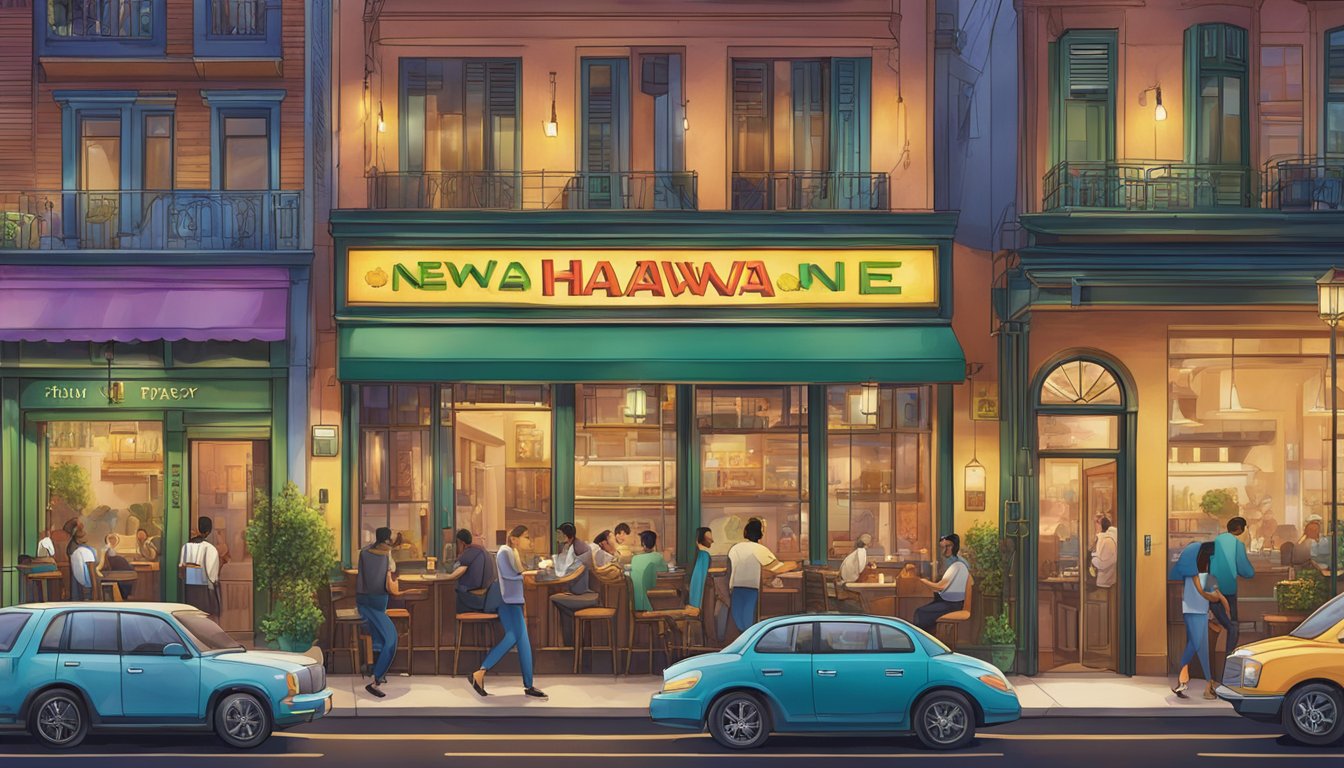The exterior of New Hawa restaurant, with a vibrant sign and inviting entrance, surrounded by bustling city streets