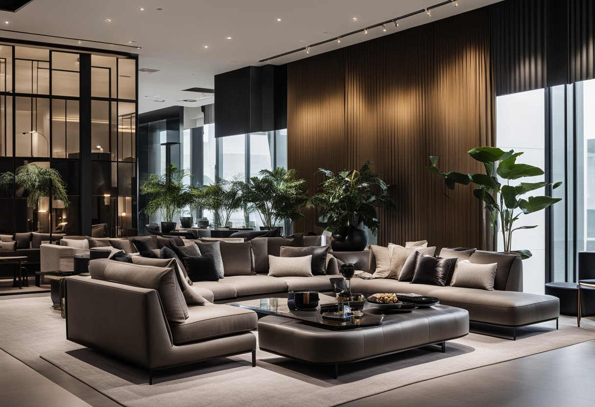 A sleek, modern showroom in Singapore showcases Minotti furniture, with elegant sofas and chairs arranged in inviting vignettes