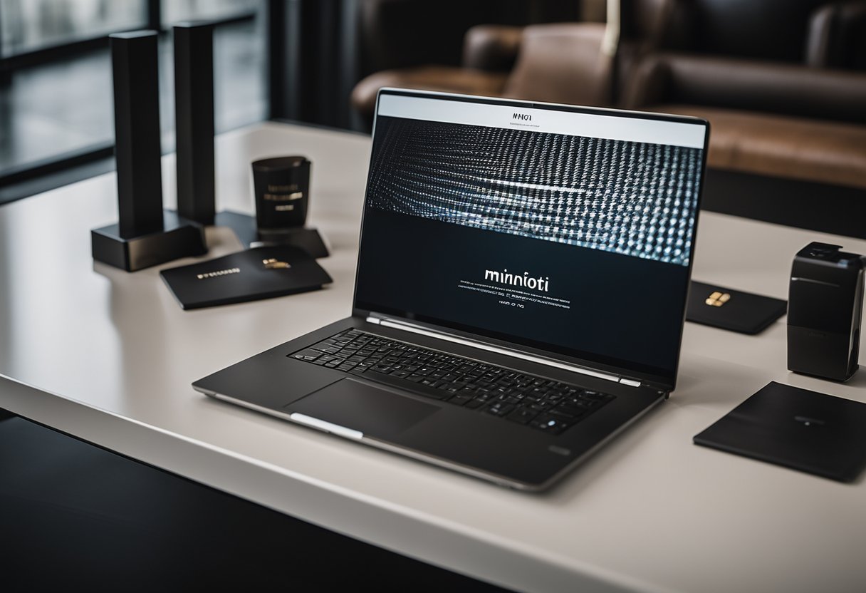 A laptop displaying the Minotti Furniture Singapore website with legal and online information
