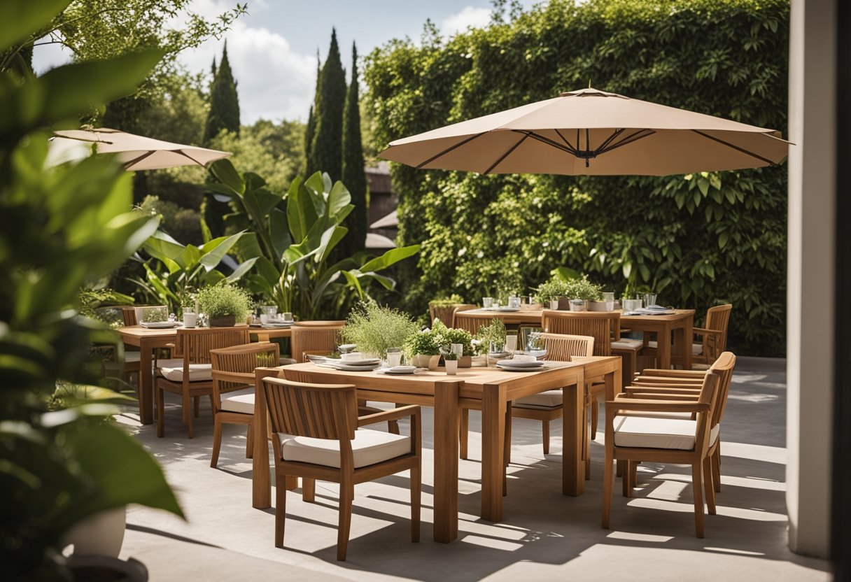 A sunny outdoor patio with a teak dining set, surrounded by lush greenery and comfortable cushions, creating a cozy and inviting atmosphere
